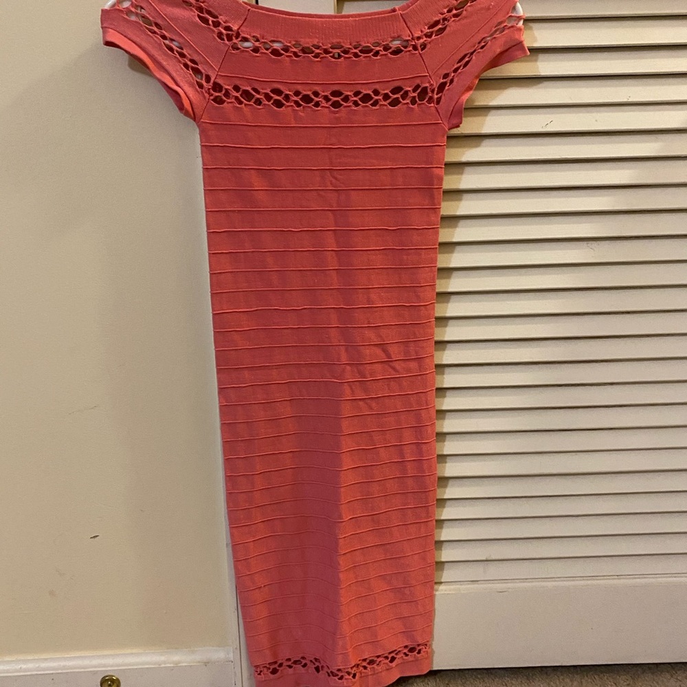 Bebe Coral Off the Shoulder Bandage Dress